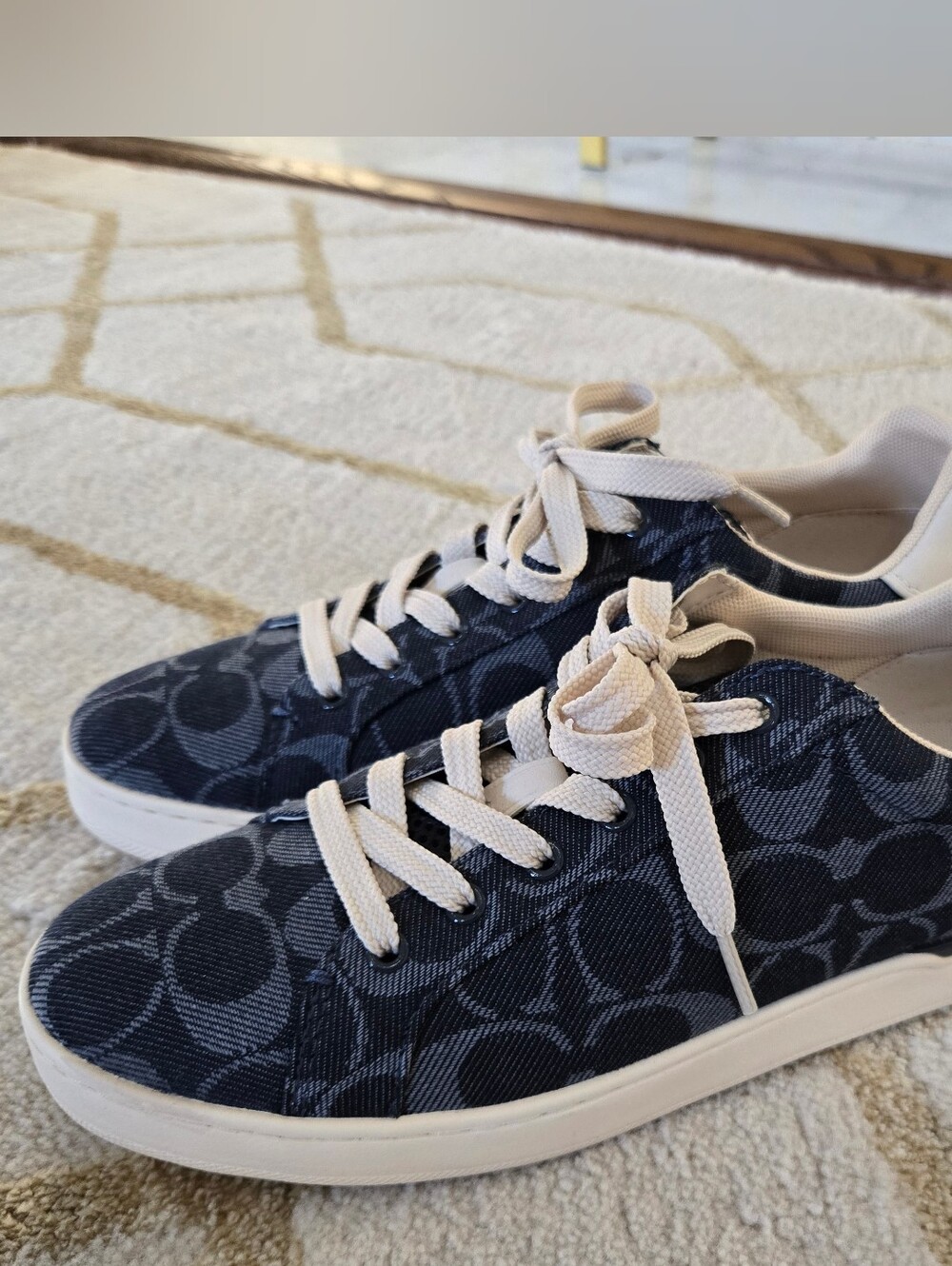 Coach Clip Low Top Navy Denim Signature Logo Sneakers with Cream Accents